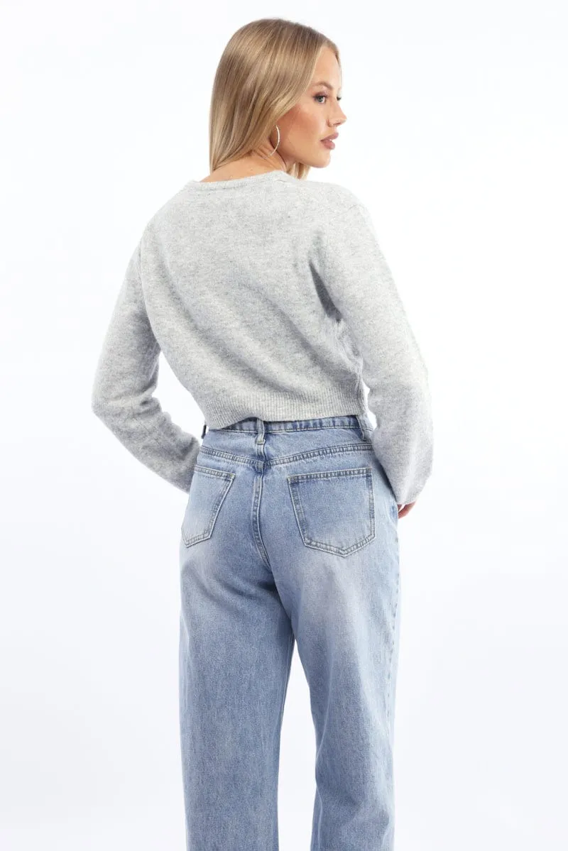 Grey Fitted Cardigan Buttons Up Crew Neck