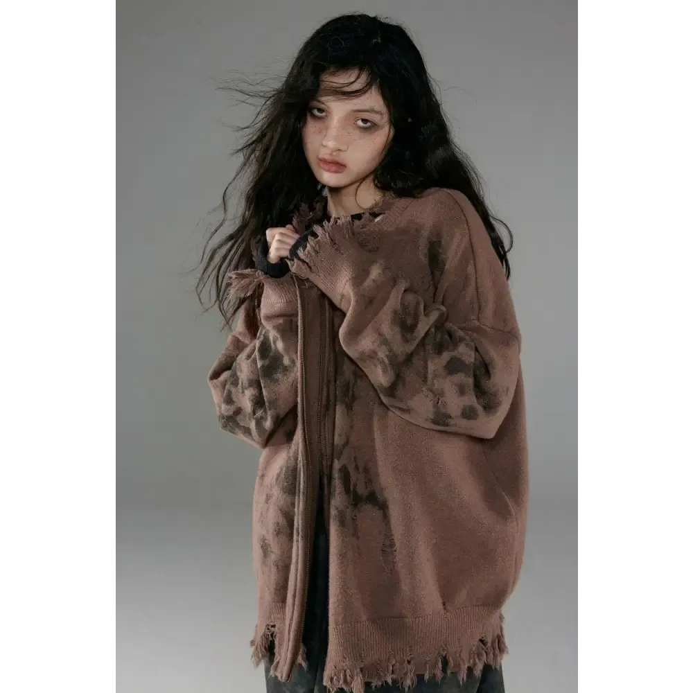 Grunge Aesthetic Knitted Cardigan with Extra Distressed Design
