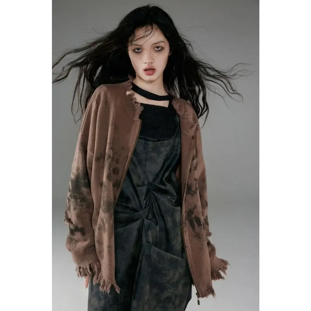 Grunge Aesthetic Knitted Cardigan with Extra Distressed Design