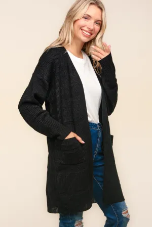 Hazel Blues® |  Stripe Textured Open Cardigan with Pockets in Black