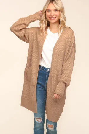 Hazel Blues® |  Stripe Textured Open Cardigan with Pockets in Taupe