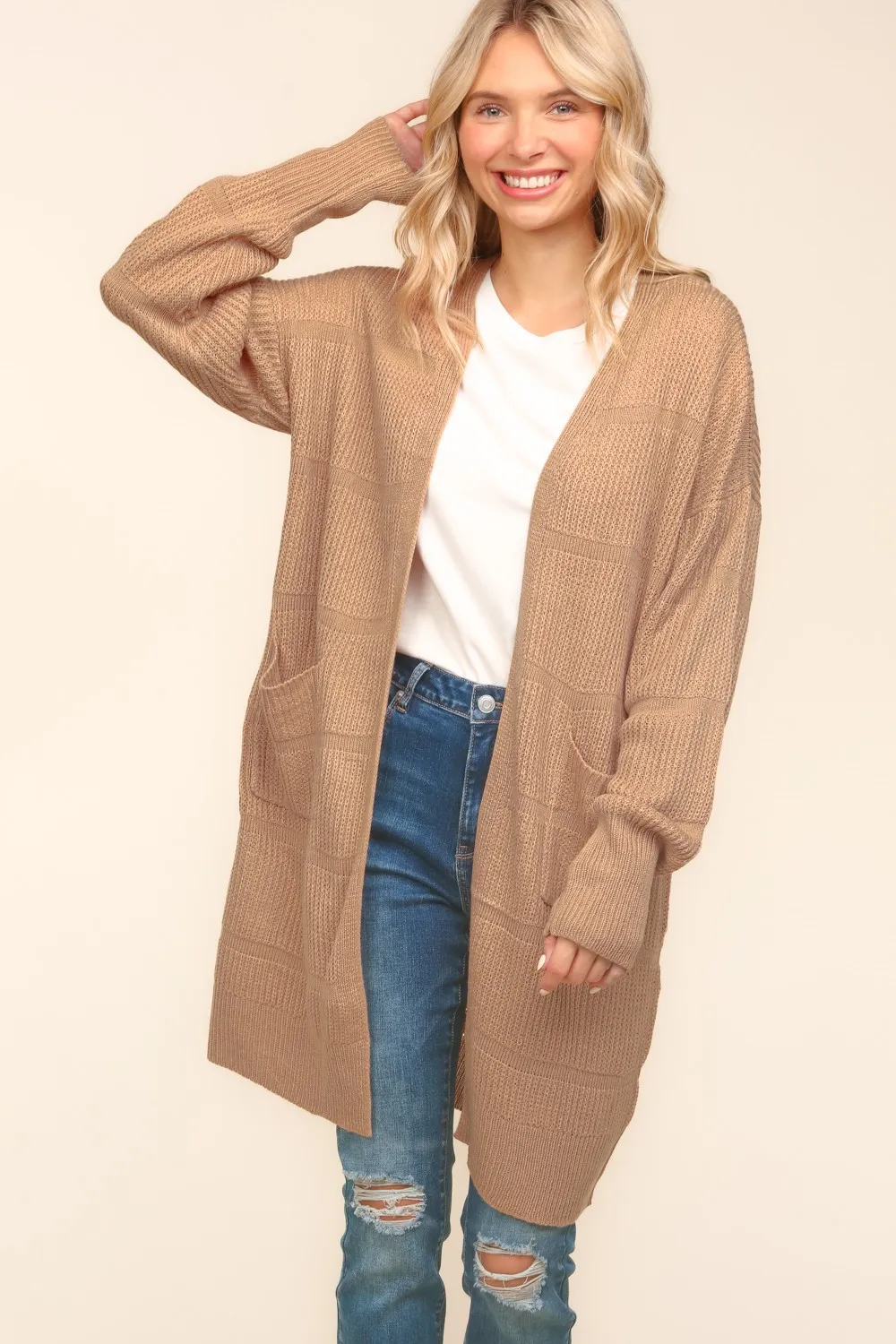 Hazel Blues® |  Stripe Textured Open Cardigan with Pockets in Taupe