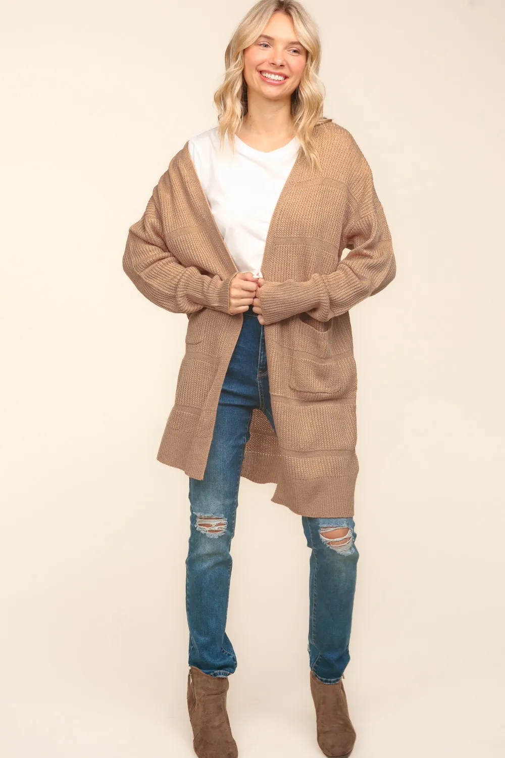 Hazel Blues® |  Stripe Textured Open Cardigan with Pockets in Taupe