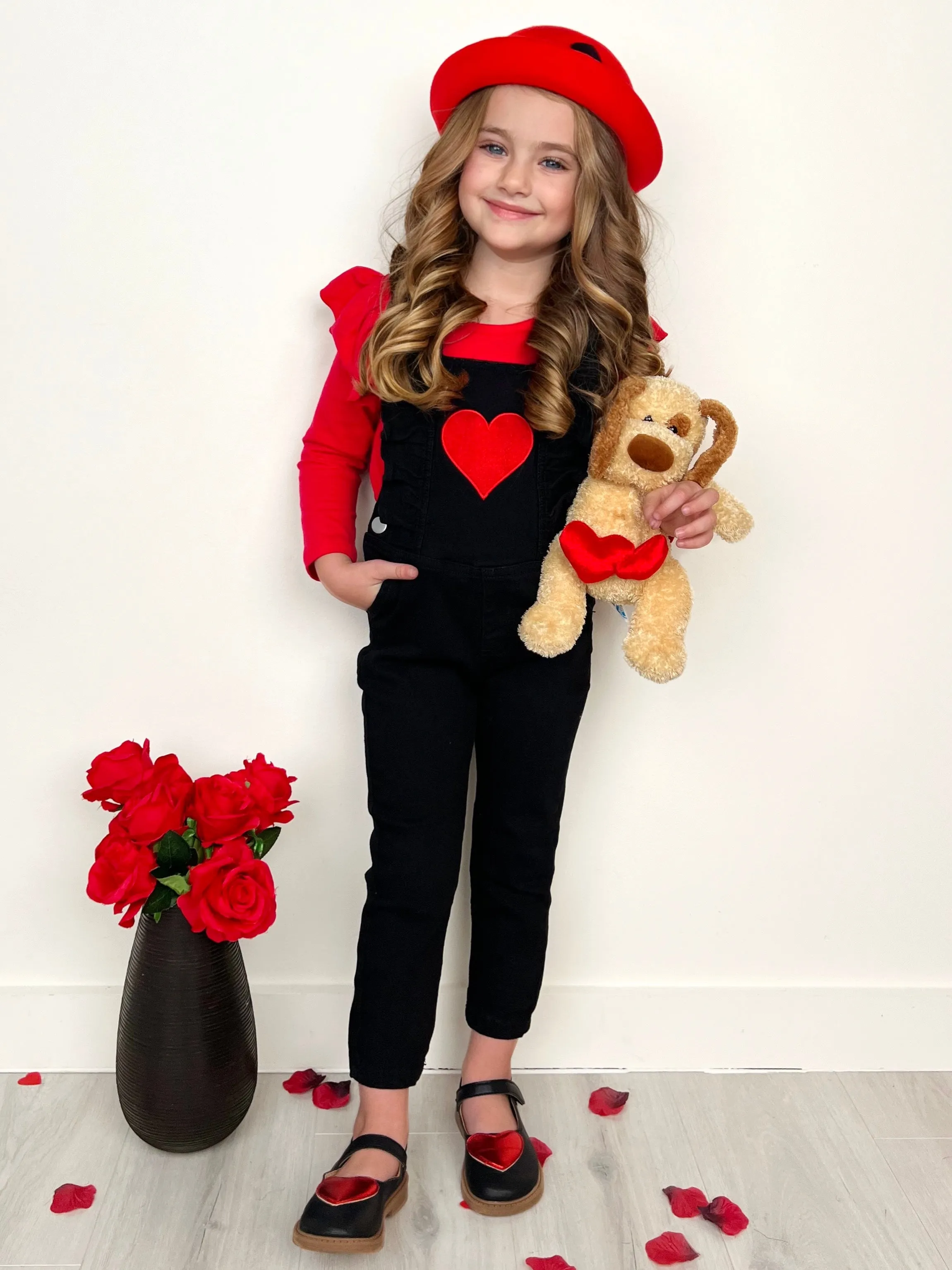 Heart Ruffle Long Sleeve Top and Black Overall Set