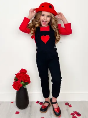 Heart Ruffle Long Sleeve Top and Black Overall Set