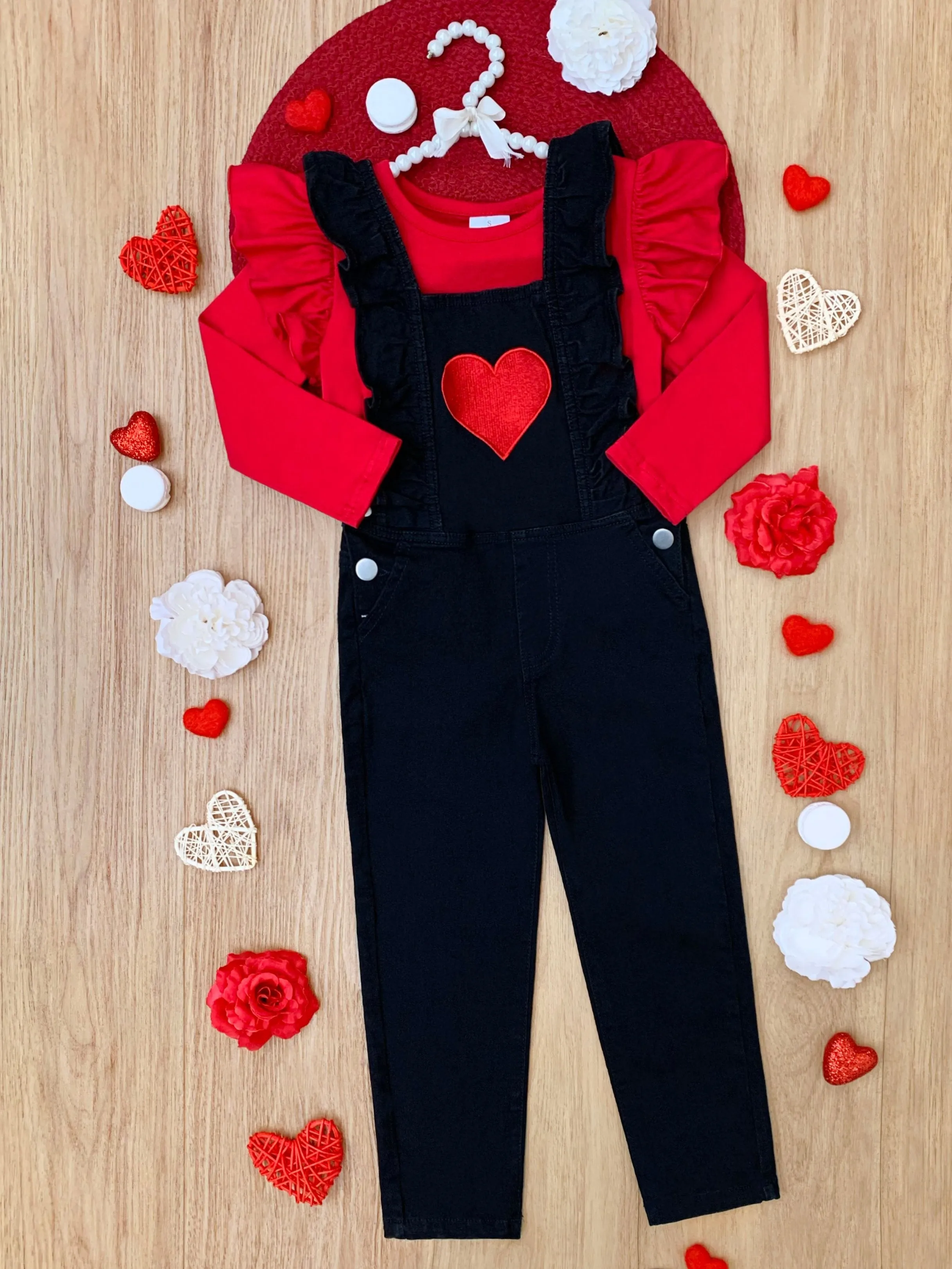 Heart Ruffle Long Sleeve Top and Black Overall Set