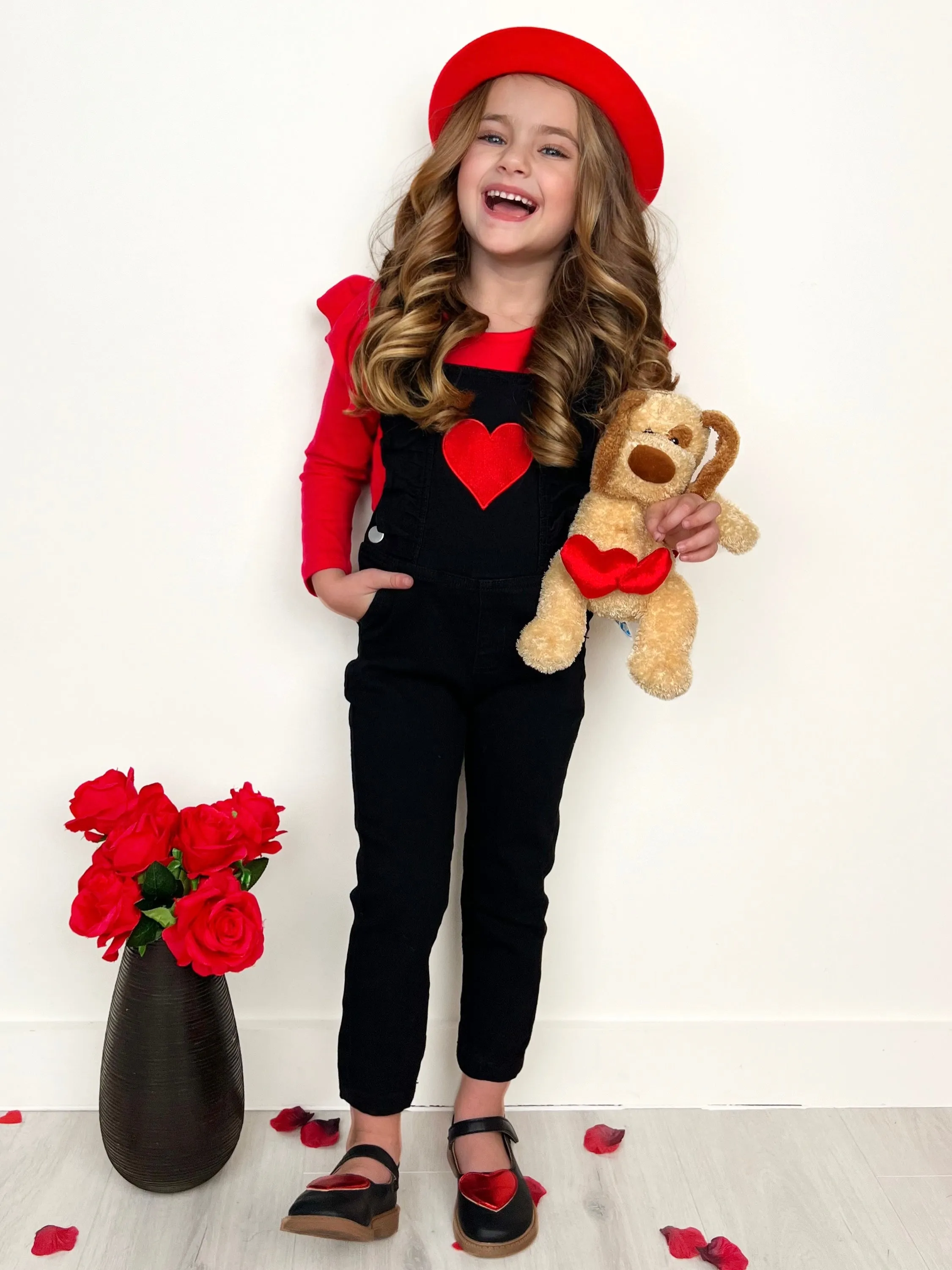 Heart Ruffle Long Sleeve Top and Black Overall Set