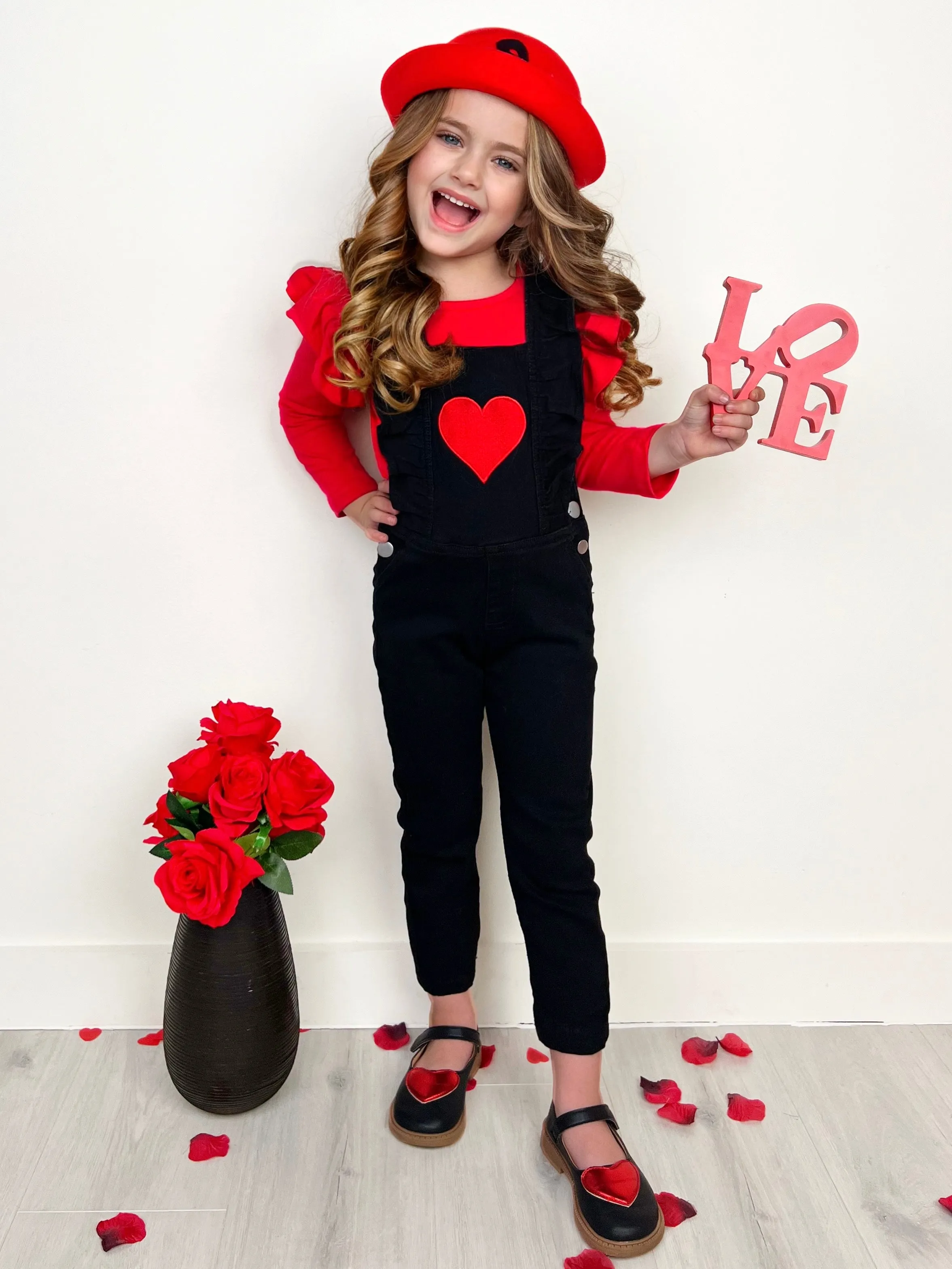 Heart Ruffle Long Sleeve Top and Black Overall Set