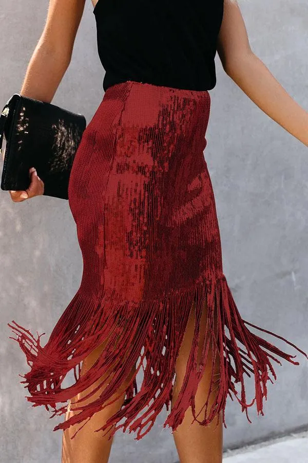 High Waist Sequined Fringed Skirt