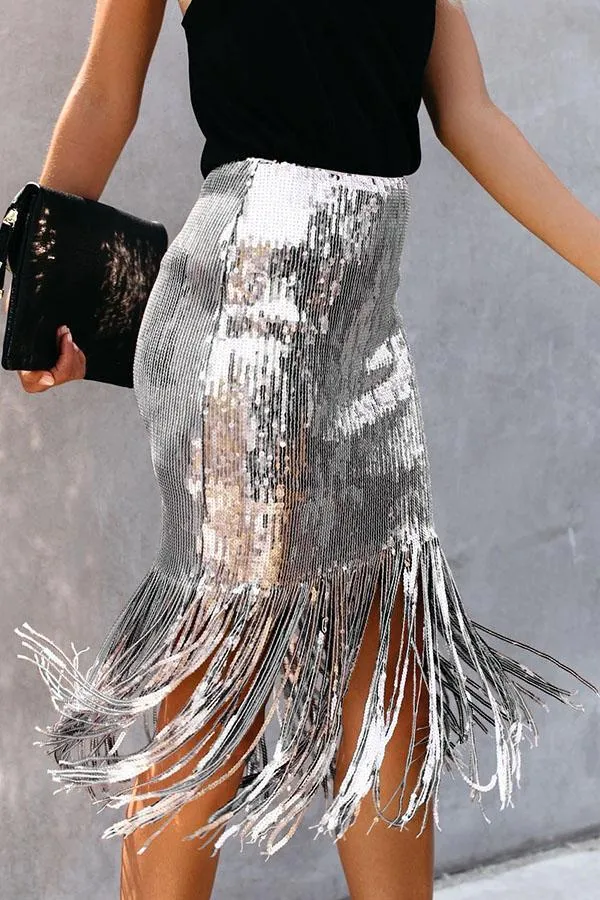 High Waist Sequined Fringed Skirt