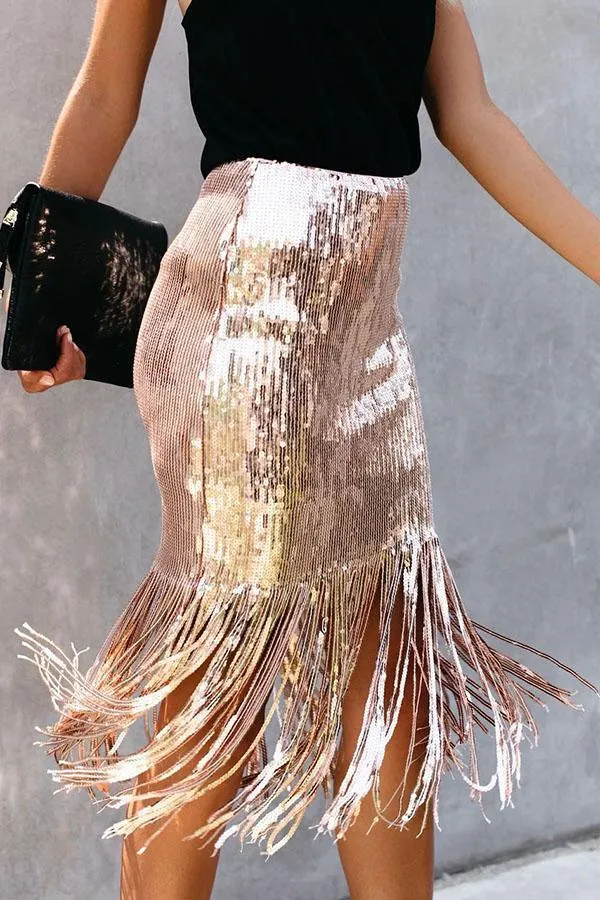 High Waist Sequined Fringed Skirt