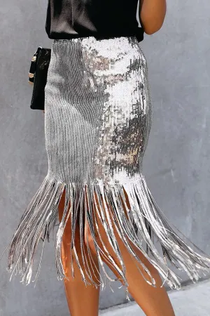 High Waist Sequined Fringed Skirt