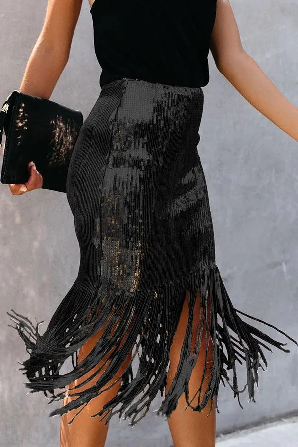 High Waist Sequined Fringed Skirt