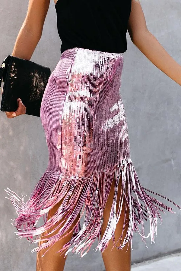 High Waist Sequined Fringed Skirt