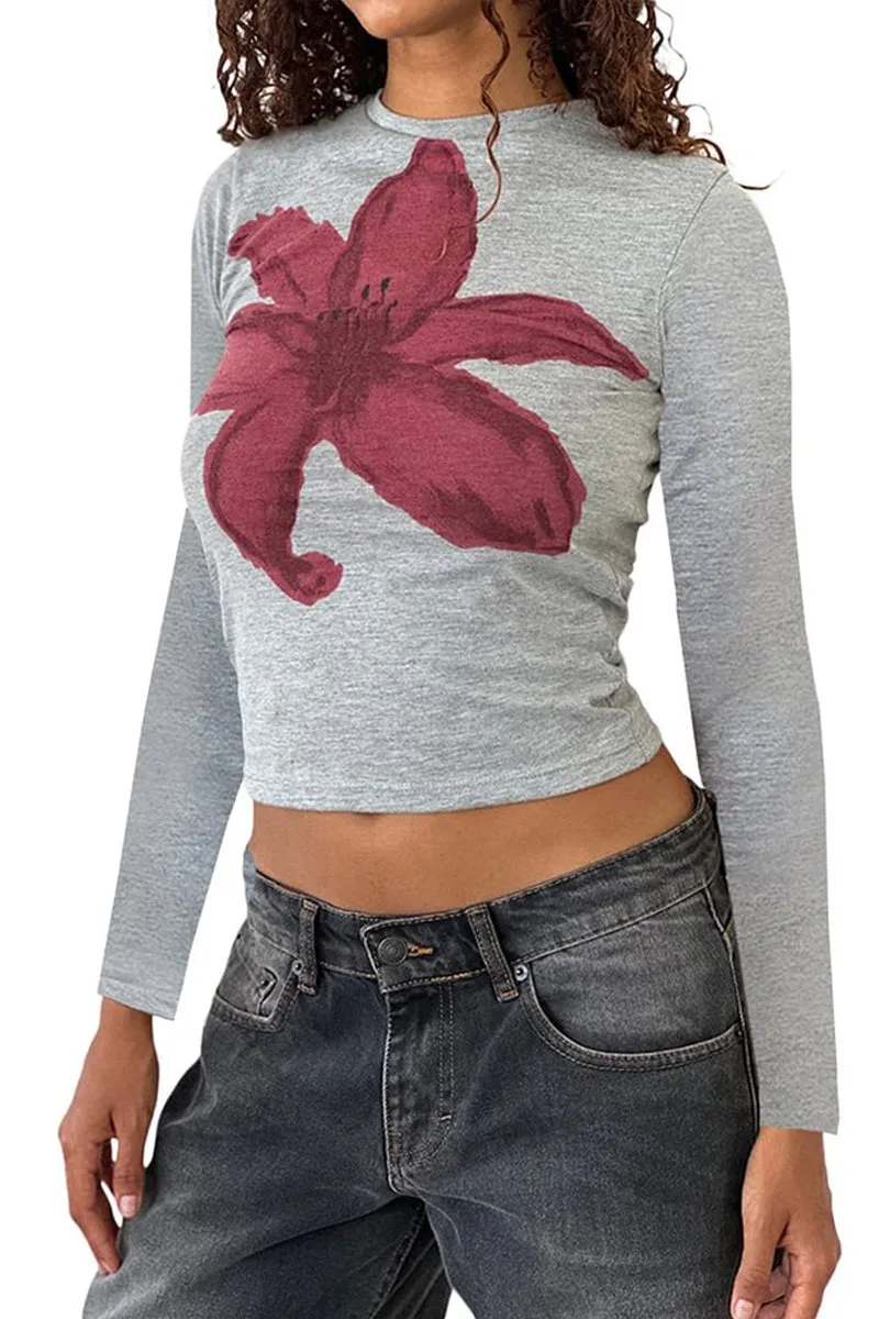 HTS1211 Floral Print Long Sleeve Crop Top