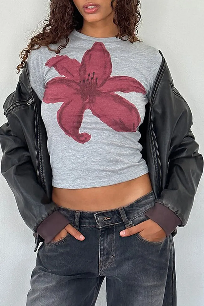 HTS1211 Floral Print Long Sleeve Crop Top