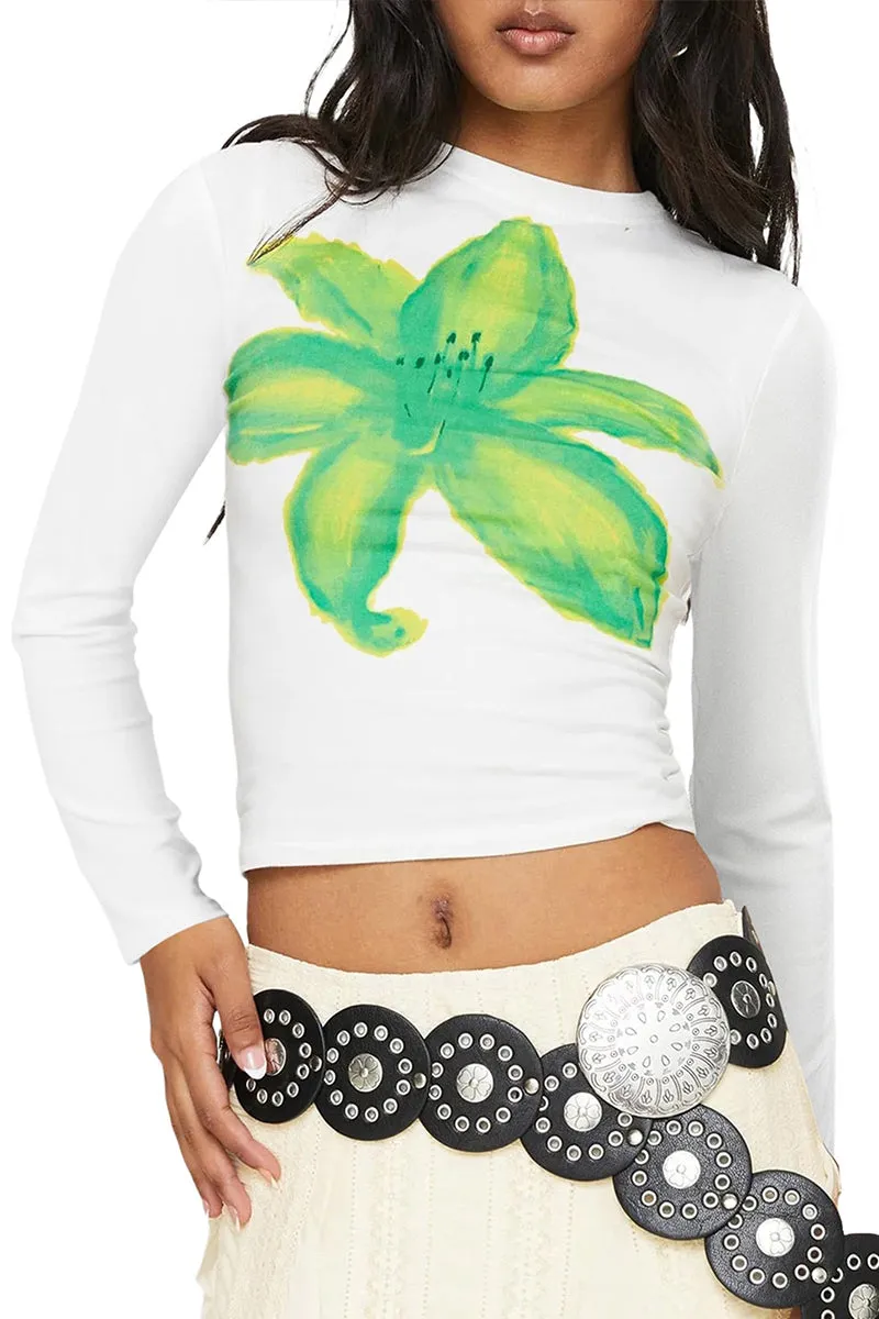HTS1211 Floral Print Long Sleeve Crop Top