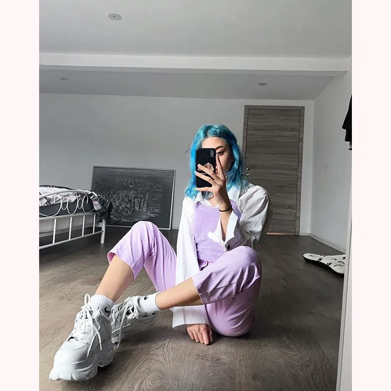 [@ilkexvdb] "PURPLE SIDE POCKET HIGH WAIST" OVERALLS PANTS K050301REVIEW