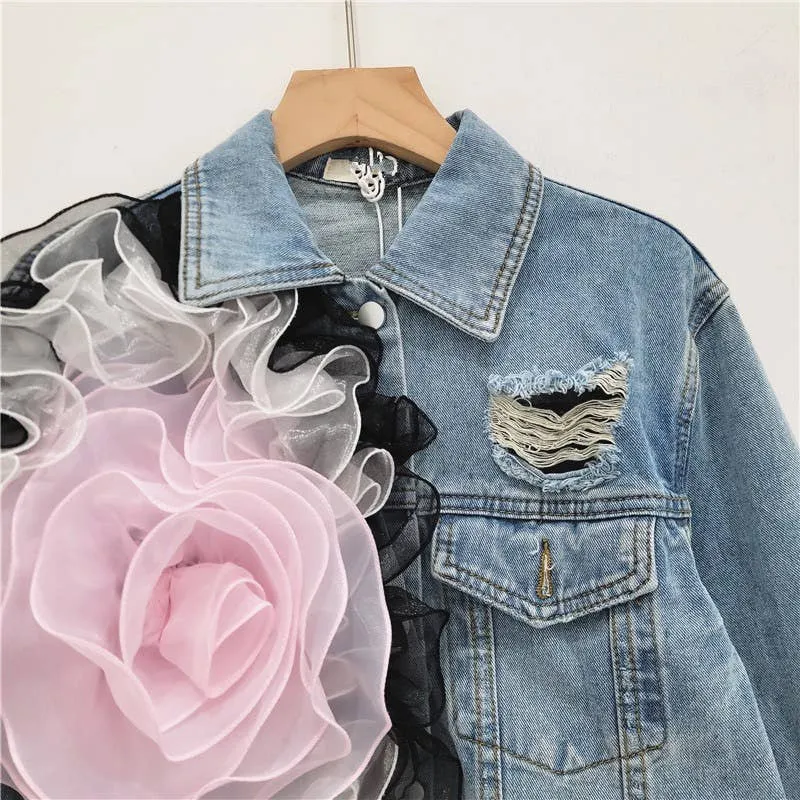 JK141 Mesh Patchwork Ripped Design Short Denim Jacket