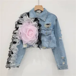 JK141 Mesh Patchwork Ripped Design Short Denim Jacket