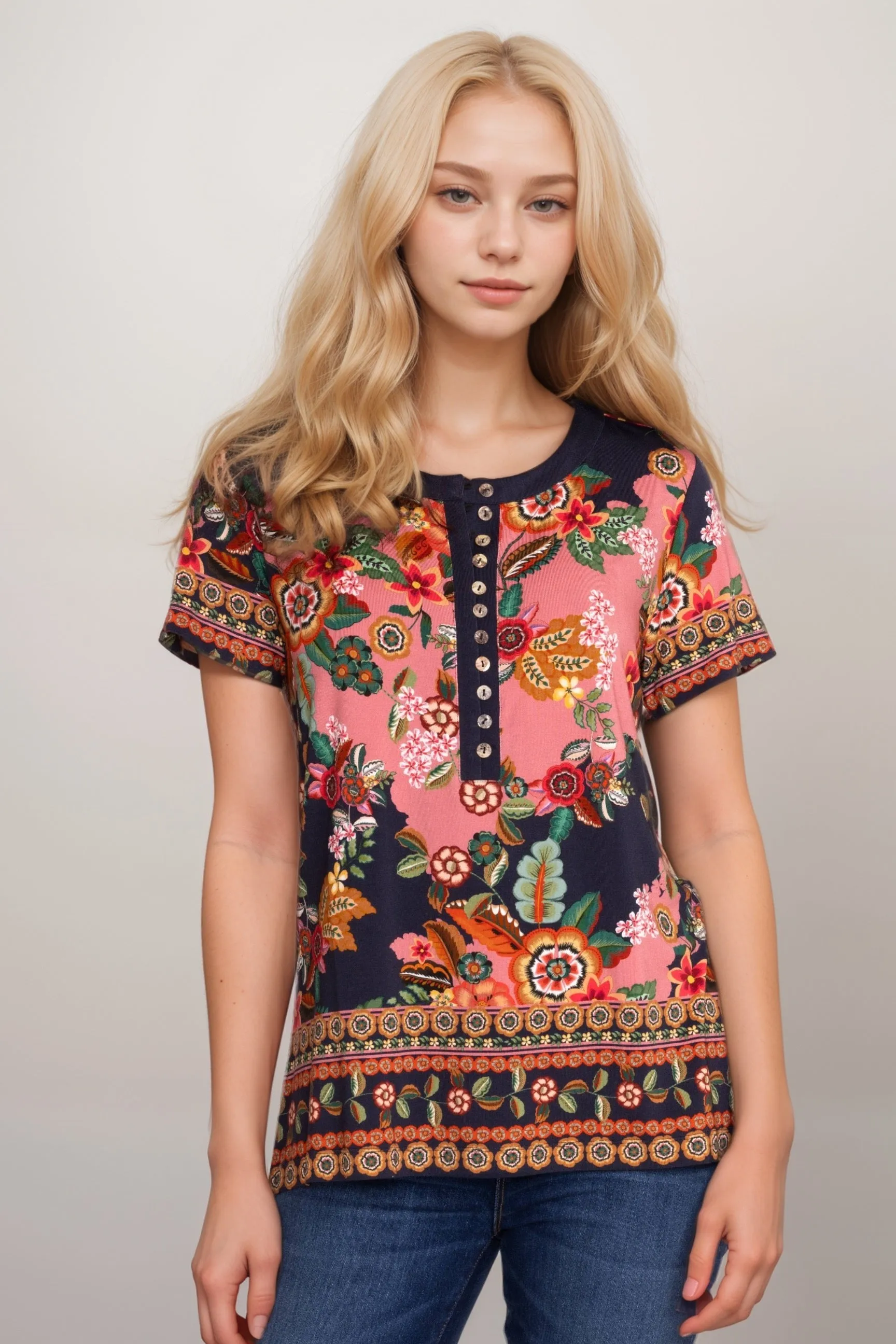 Johnny Was The Janie Favorite Short Sleeve Henley Tee T19624-6