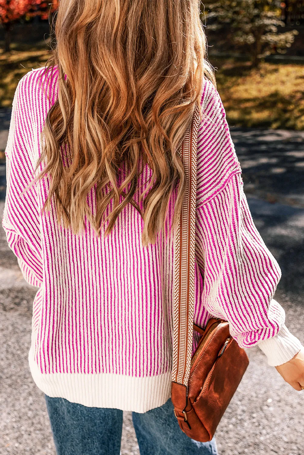 KaleaBoutique Striped Textured Knit Contrast Edge Loose Sweater