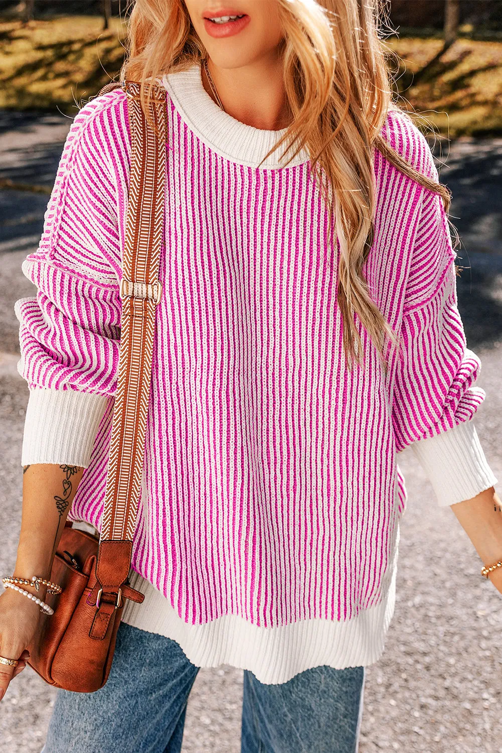 KaleaBoutique Striped Textured Knit Contrast Edge Loose Sweater
