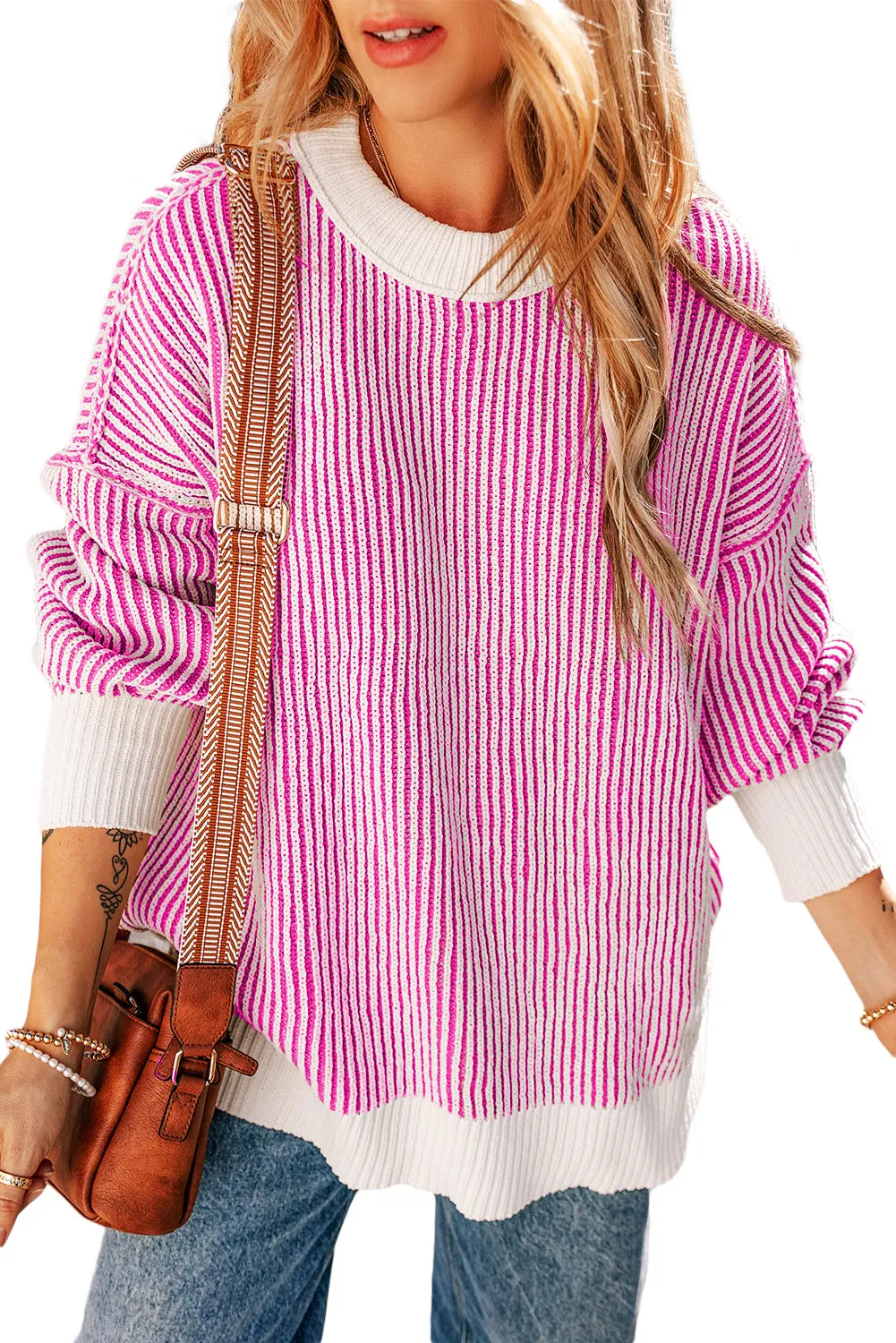 KaleaBoutique Striped Textured Knit Contrast Edge Loose Sweater