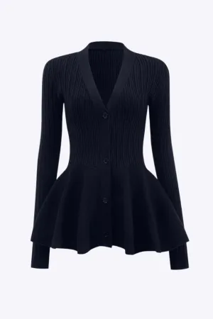 Kenzie - Classic V Neck Puff Hem Woman's Sweater Cardigan