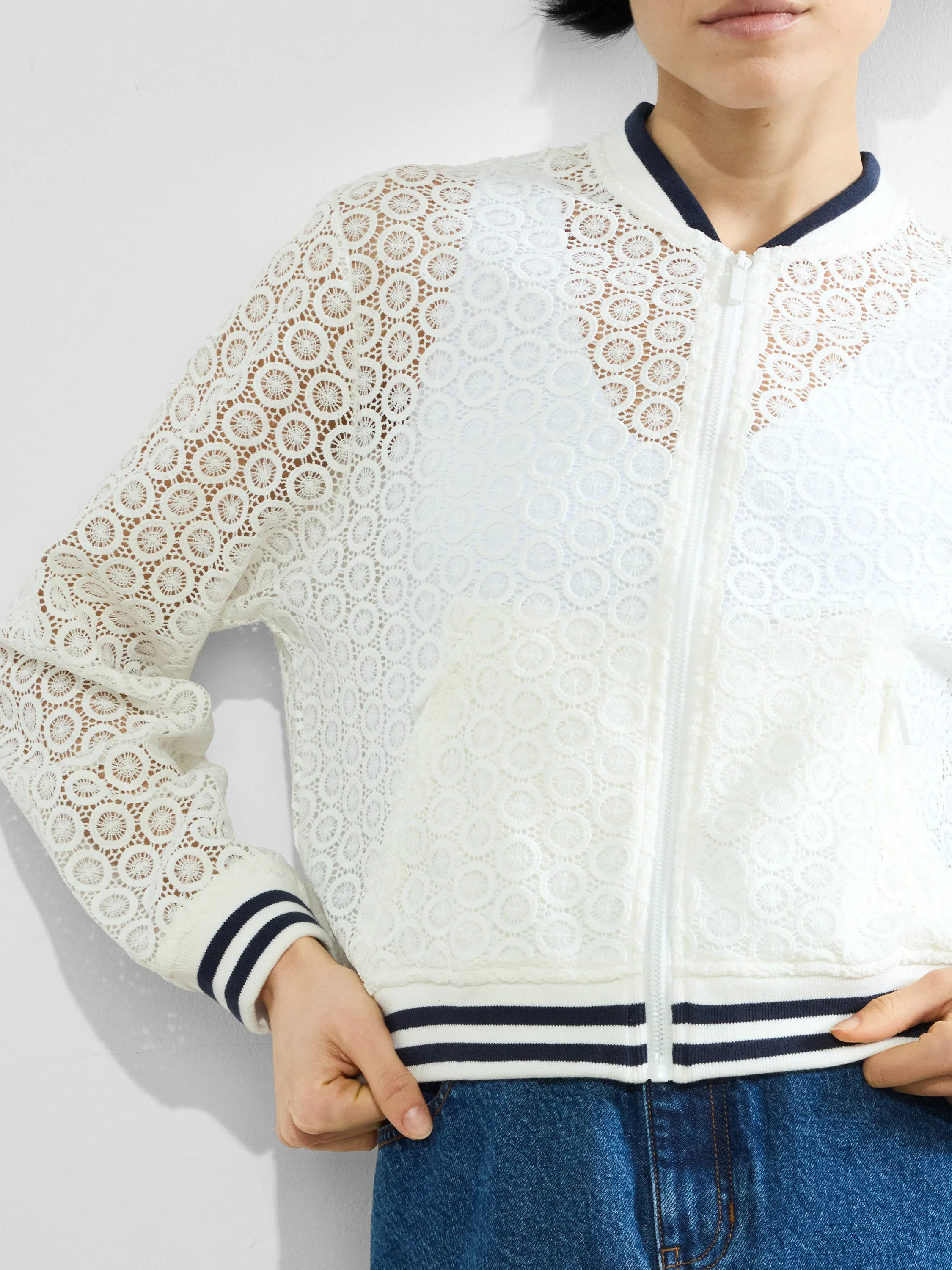 Krista Lace Mix Knit Bomber Jacket