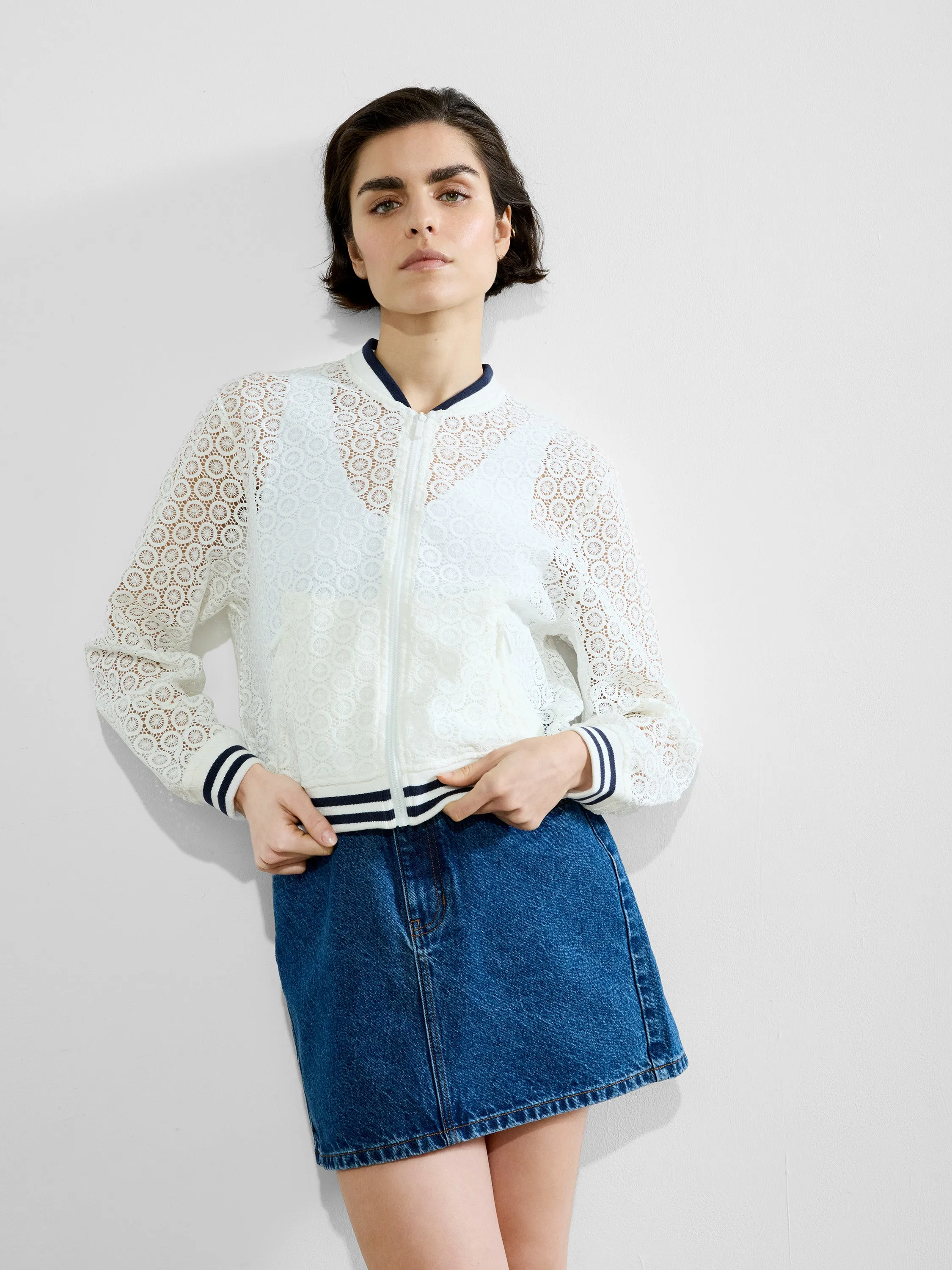 Krista Lace Mix Knit Bomber Jacket