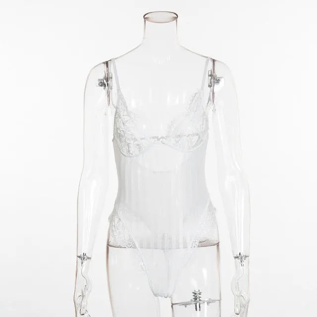 Lace Bodysuit Women Floral Embroidery Perspective Sexy Bodysuit Skinny Summer Overalls Body