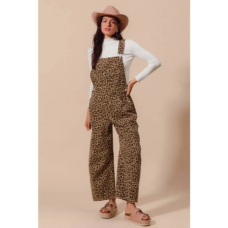 LEOPARD TWILL SLOUCHY BARREL OVERALLS JUMPSUIT