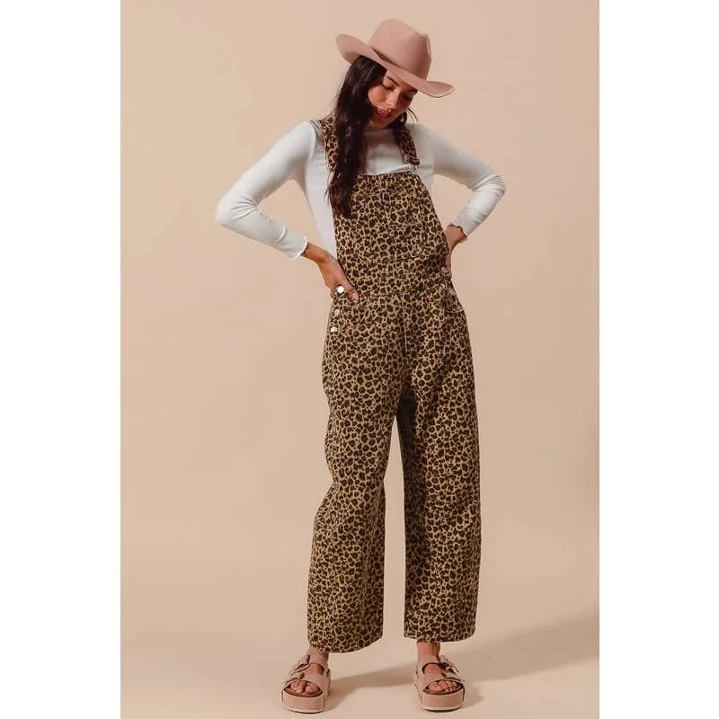 LEOPARD TWILL SLOUCHY BARREL OVERALLS JUMPSUIT