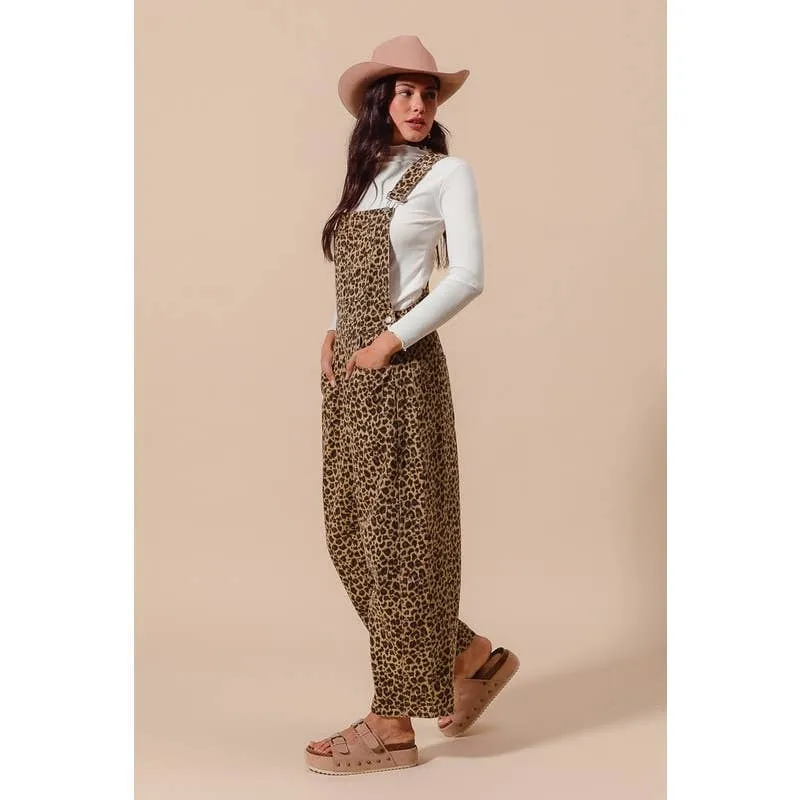 LEOPARD TWILL SLOUCHY BARREL OVERALLS JUMPSUIT