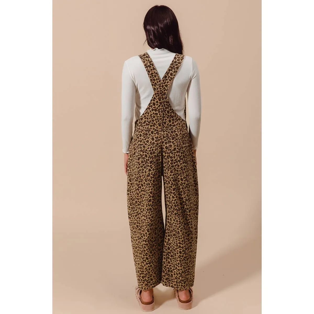 LEOPARD TWILL SLOUCHY BARREL OVERALLS JUMPSUIT
