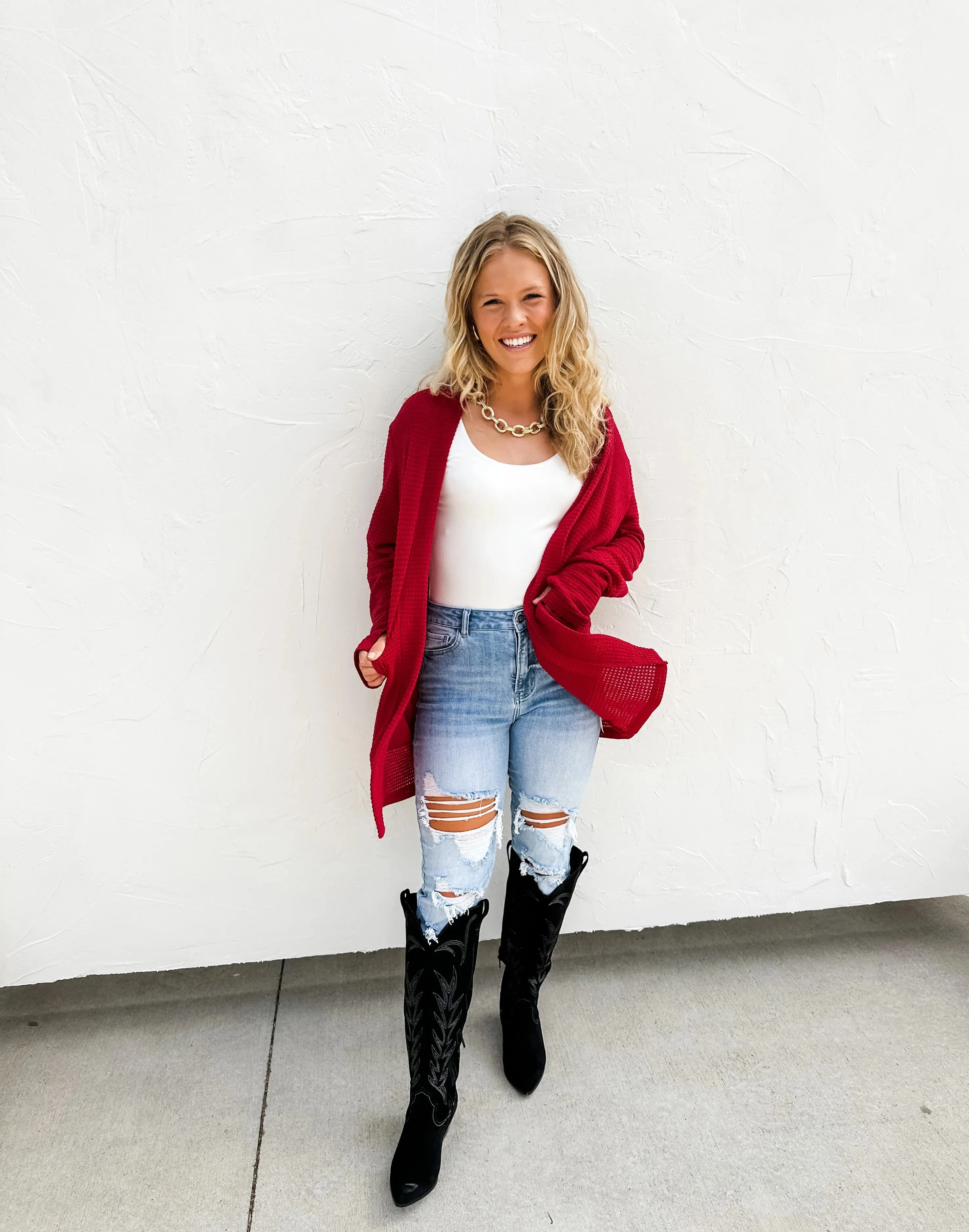 Lola Lightweight Waffle-Knit Cardigan in Deep Red