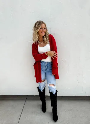 Lola Lightweight Waffle-Knit Cardigan in Deep Red
