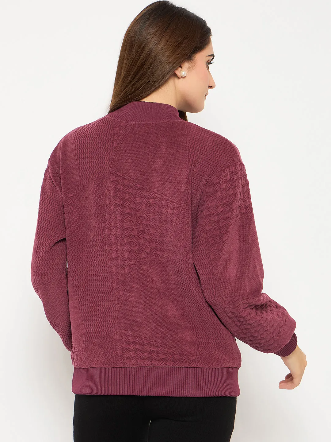 Madame Band Neck Self Design Jacquard Plum Self Textured Top