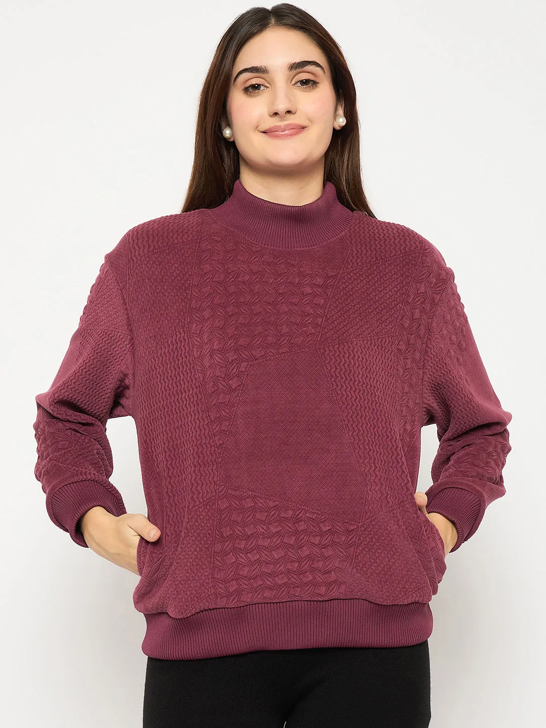 Madame Band Neck Self Design Jacquard Plum Self Textured Top
