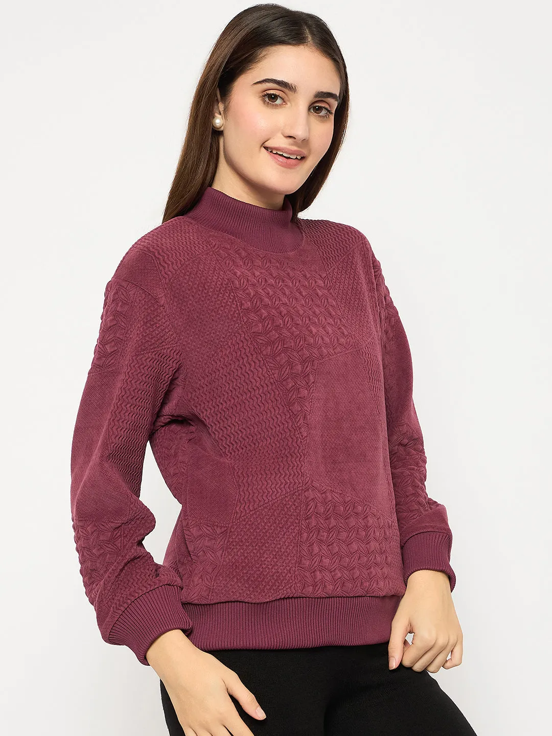 Madame Band Neck Self Design Jacquard Plum Self Textured Top