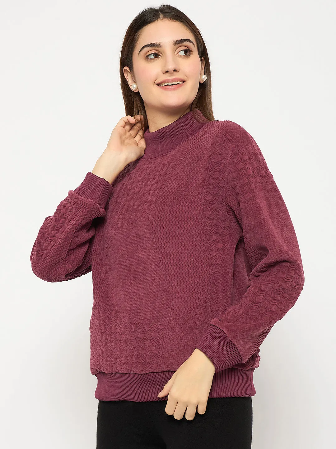 Madame Band Neck Self Design Jacquard Plum Self Textured Top