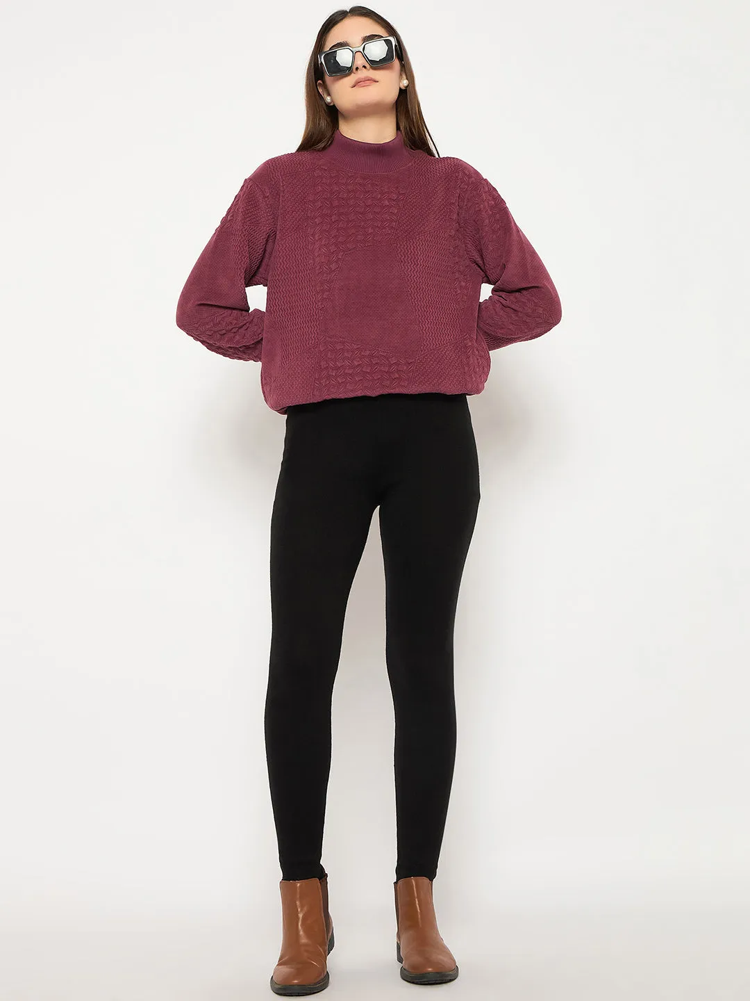 Madame Band Neck Self Design Jacquard Plum Self Textured Top