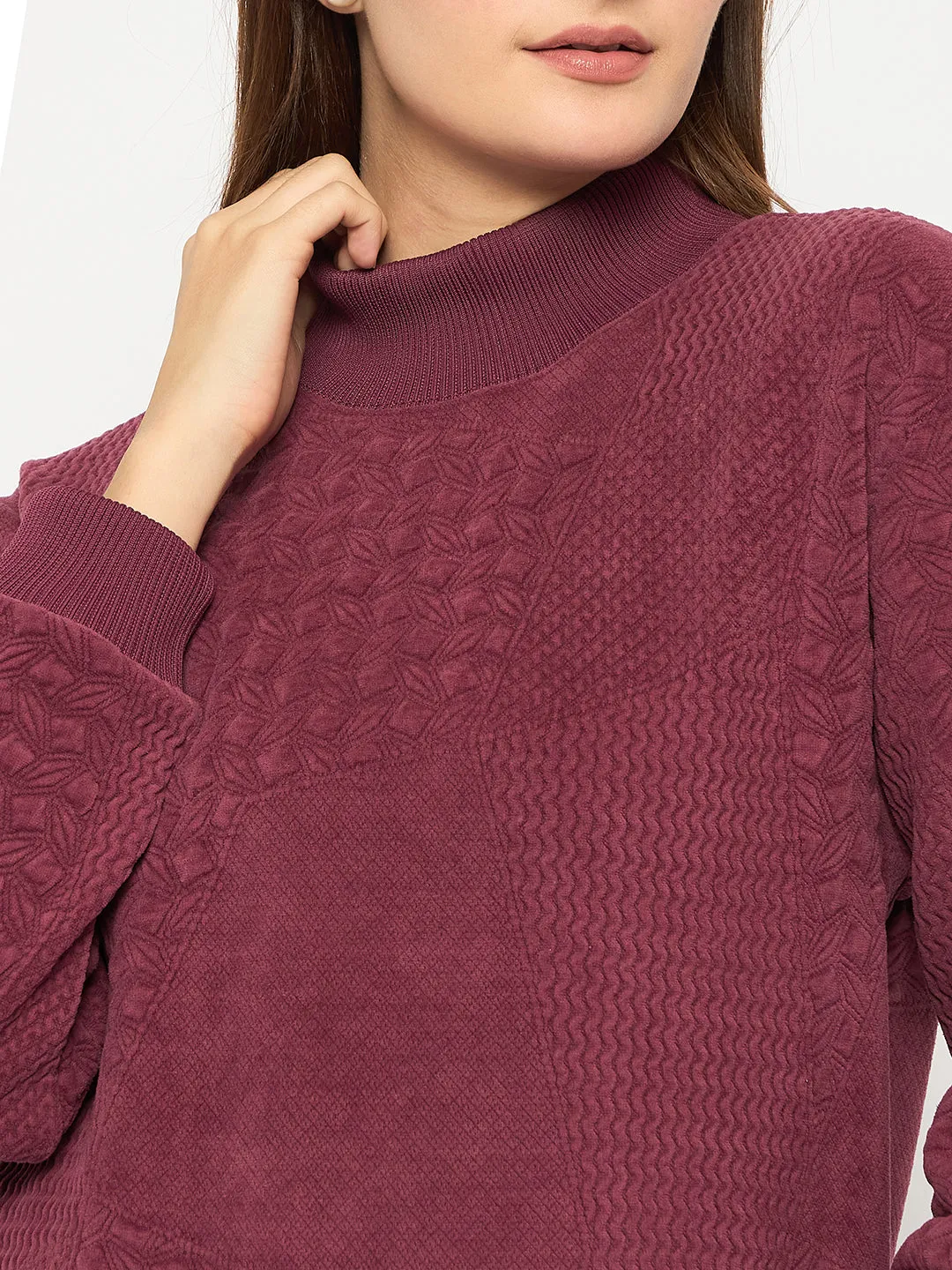 Madame Band Neck Self Design Jacquard Plum Self Textured Top