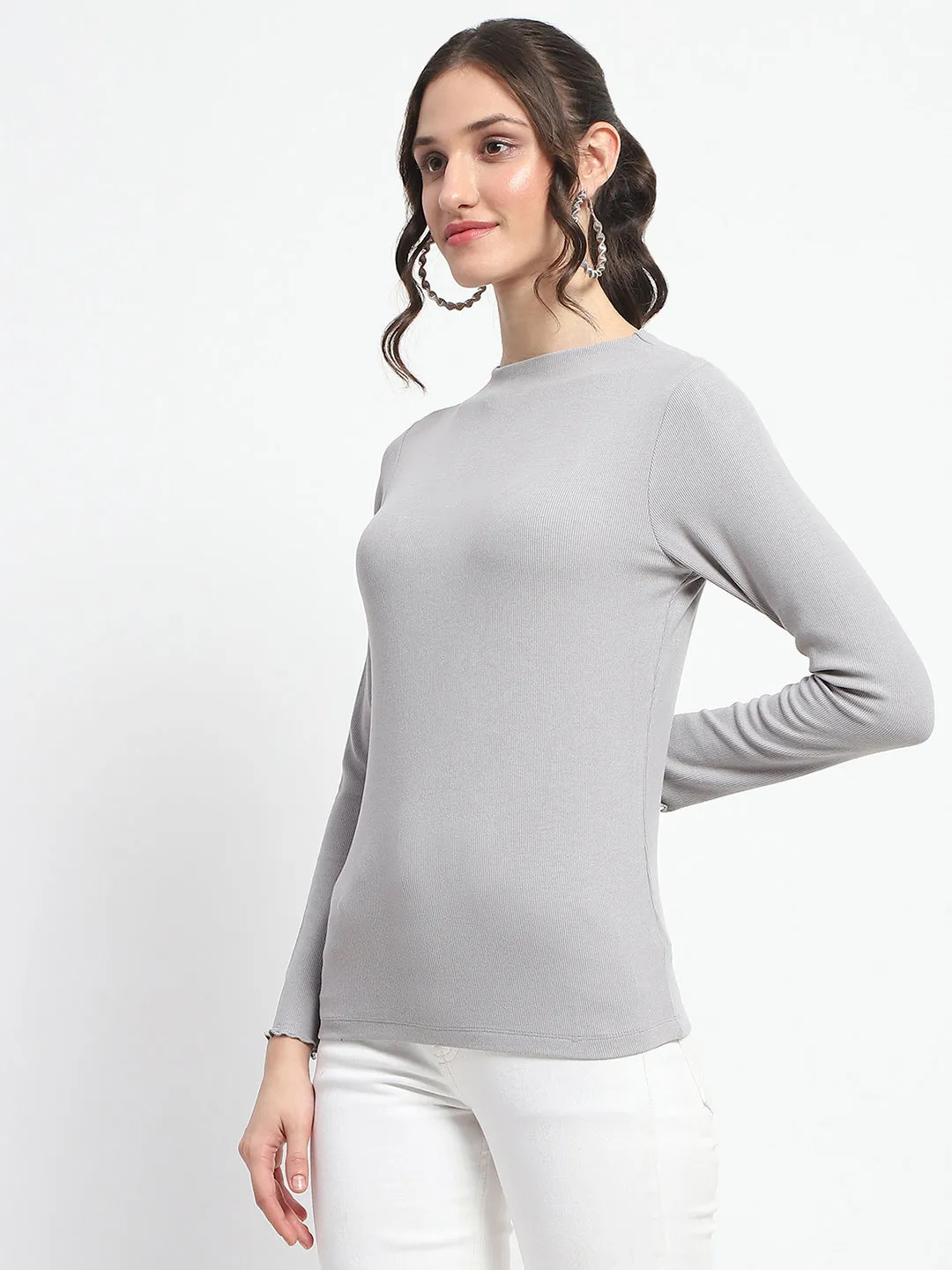 Madame High Neck Full Sleeve Solid Grey Top