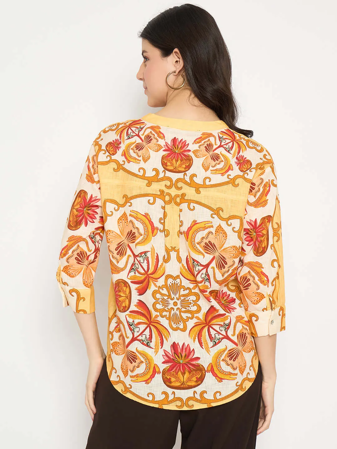 Madame Placement Print Yellow Cotton Top
