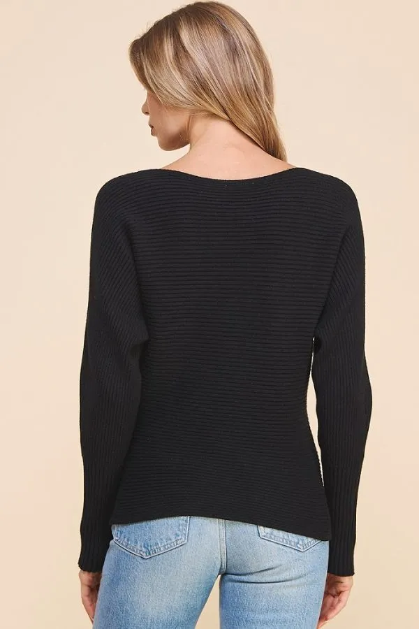 Mia Soft Ribbed Pullover Dolman Sweater - Black