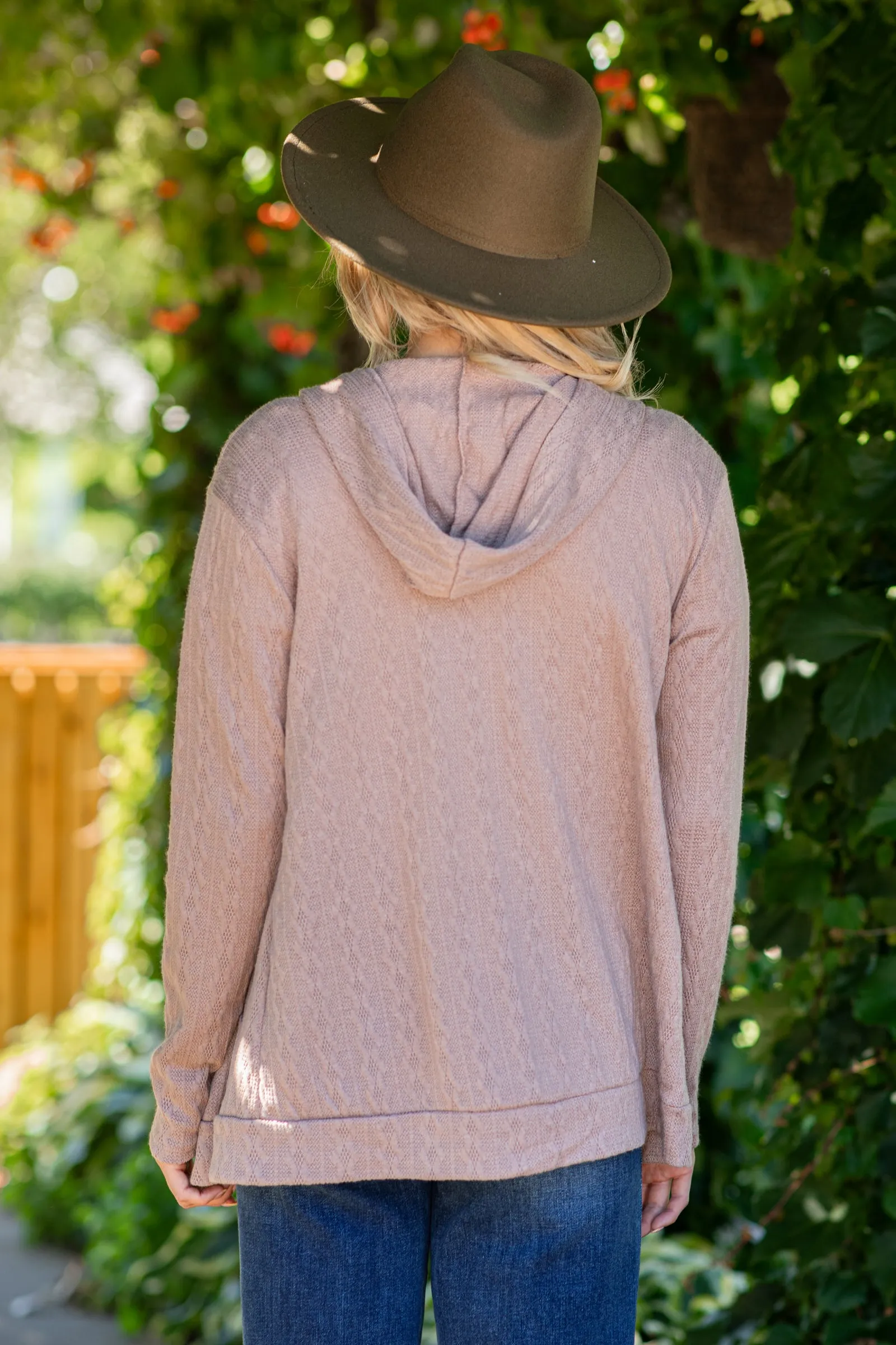 Mocha Textured Hooded Mid Length Cardigan