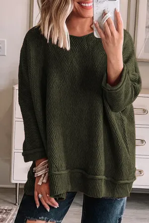 Moss Green Solid Color Textured Crew Neck Loose Sweater