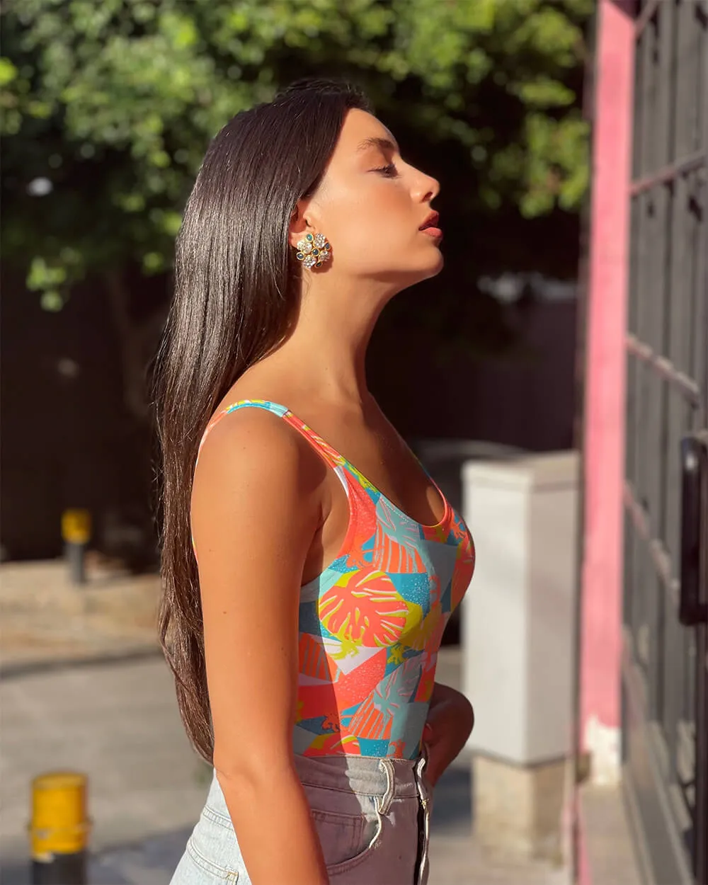 Multi-Colored Leaf Print Sleeveless Bodysuit